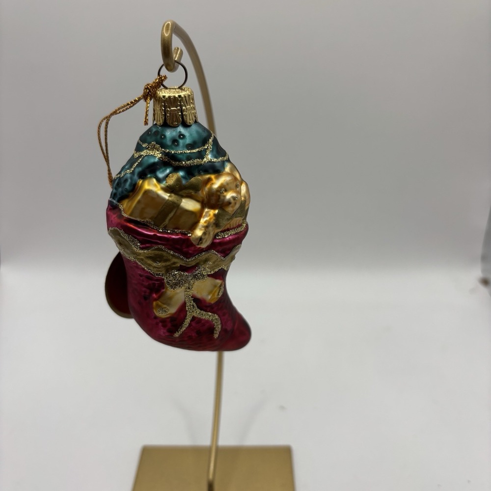 Glass Christmas Stocking Ornament Czech Republic‎ Teddy Bear & Gifts Handcrafted